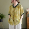 Verano vintage pequeño floral algodón lino estampado solapa blusa mujer suelto look slim hit color top cómodo suave talla grande Specification image